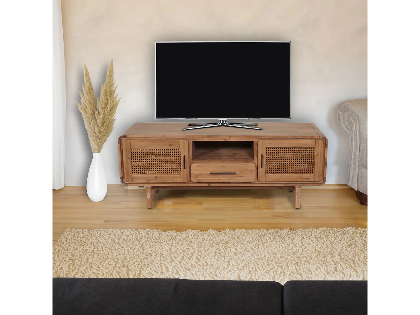 TV-Rack MCW-M47, Fernsehtisch Lowboard Kommode, Staufächer Schublade, Rattan Akazie Massiv-Holz gebeizt 160cm 32kg