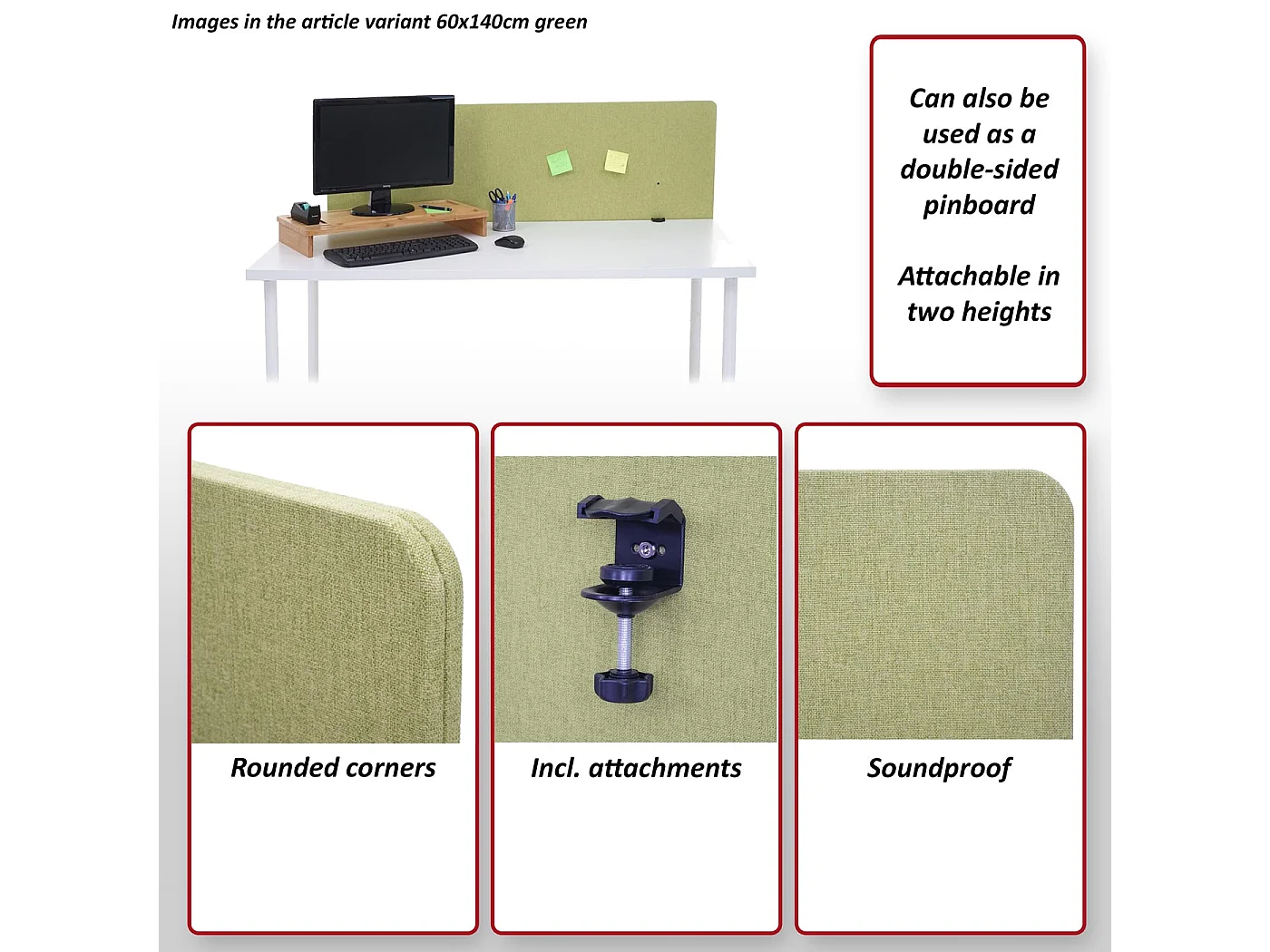 Divisorio schermo privacy da tavolo bacheca acustico MCW-G75 tessuto 160x60cm grigio