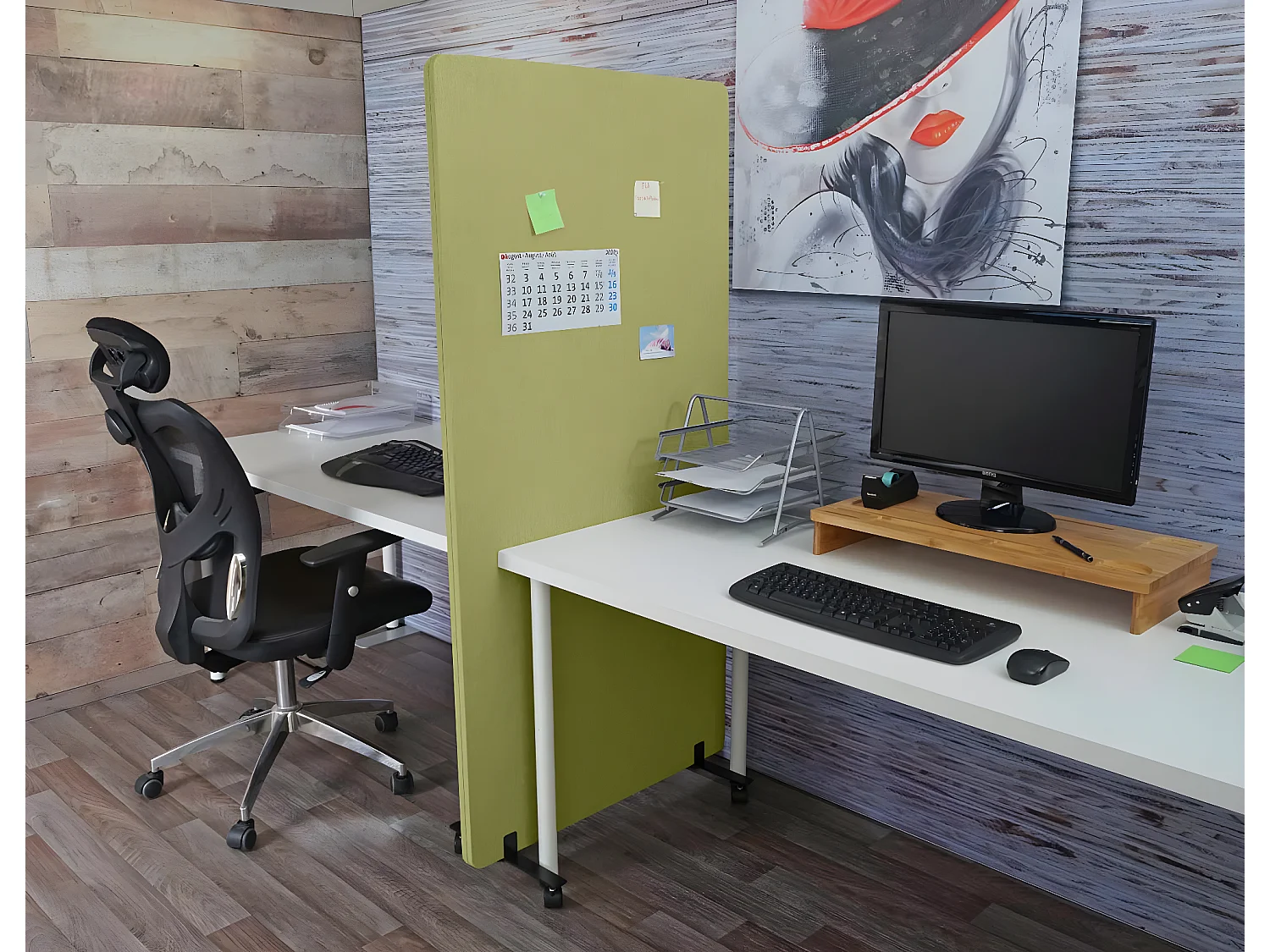 Divisorio mobile privacy fonoassorbente bacheca ufficio MCW-G77 tessuto 167x80cm verde