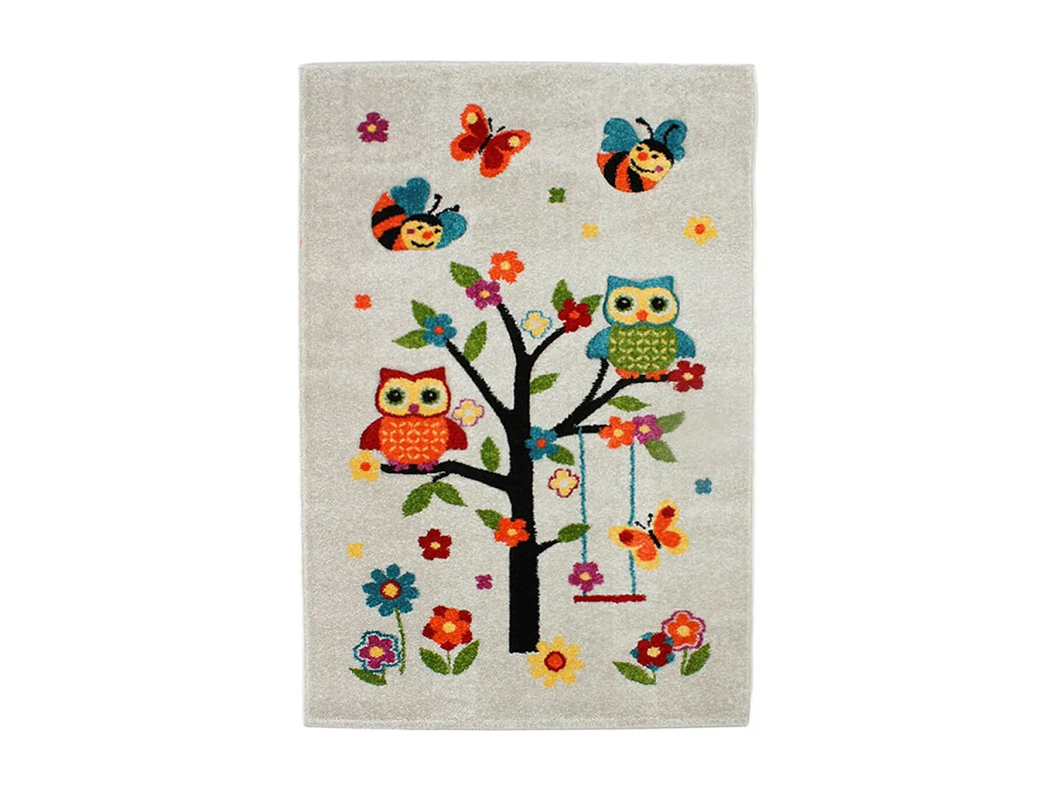 CHOUETTES - Tapis enfant toucher laine imprimé chouettes écru 100x150