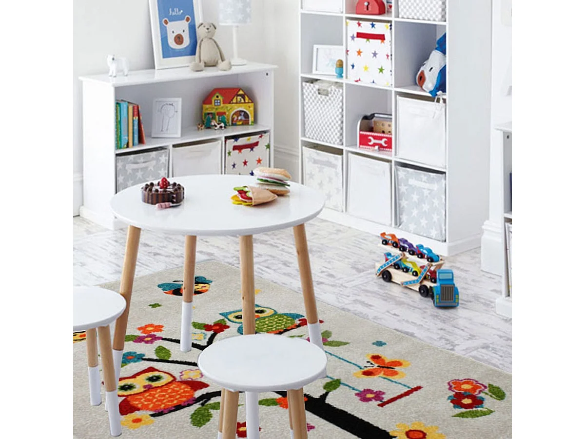 CHOUETTES - Tapis enfant toucher laine imprimé chouettes écru 100x150