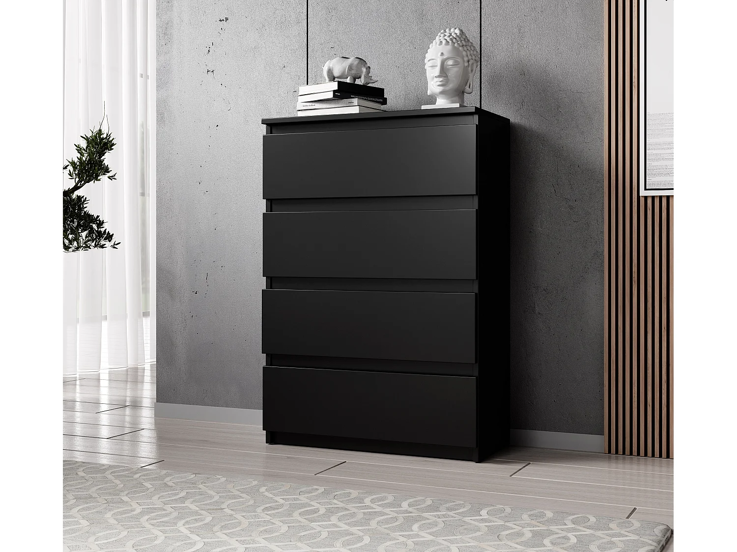 FURNIX commode/ meuble de rangement Arenal avec 4 tiroirs 70 x 37 x 98 cm noir mat style moderne