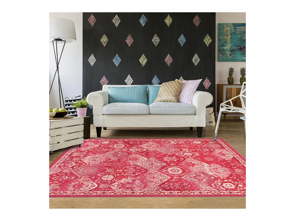 Tapis orient 160x230 rectangle rose et blanc tissé motif traditionnel OLNA