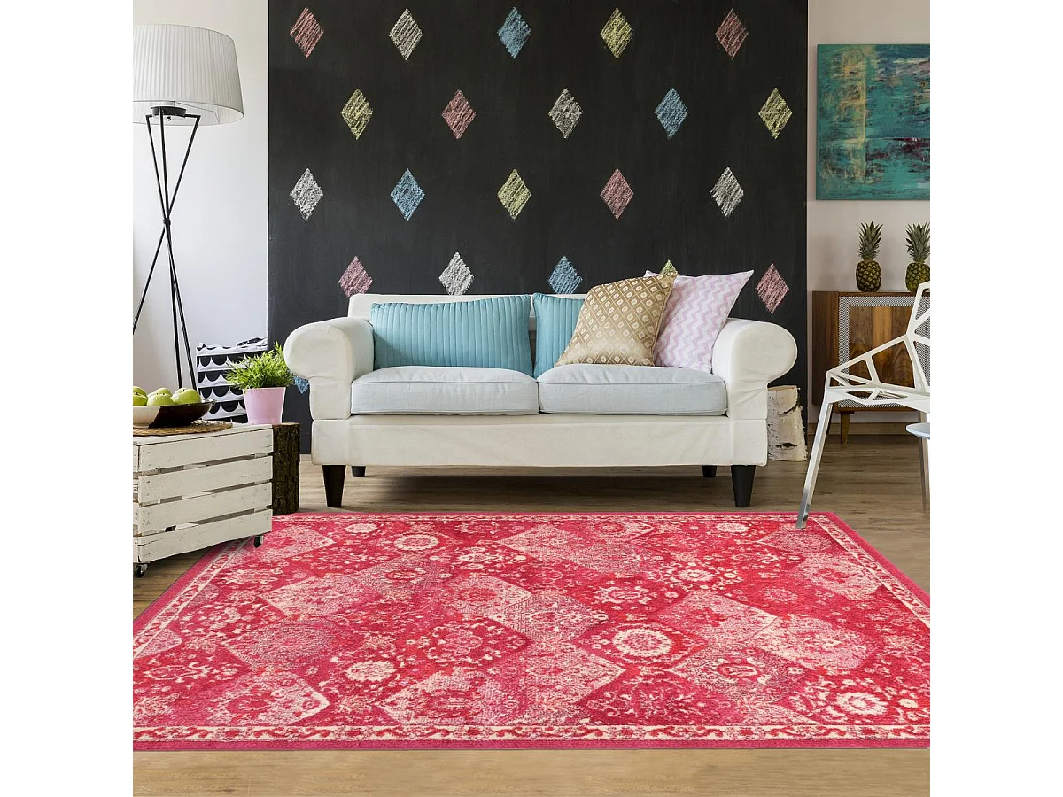 Alfombra Orient 200x290 rectangular rosa y blanco tejido patrón tradicional OLNA