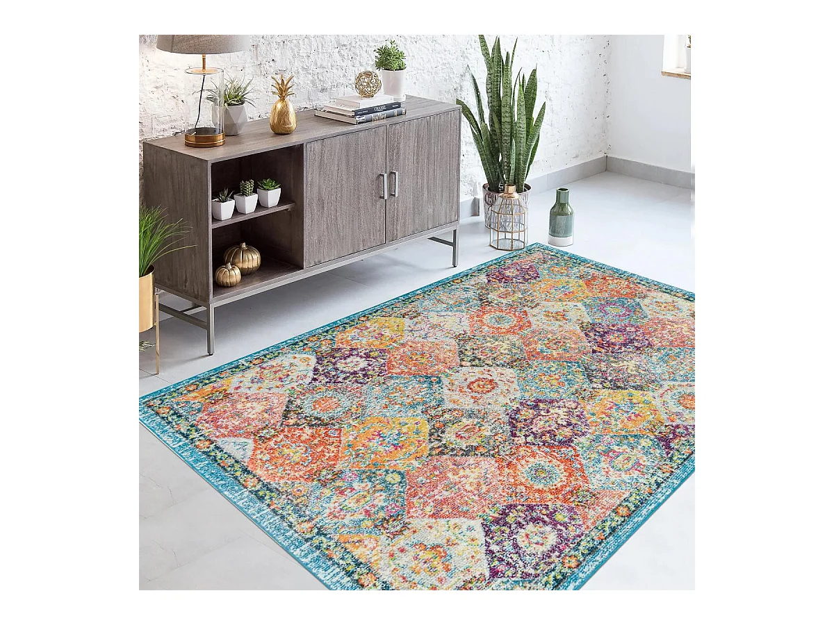 Tapis orient 120x170 rectangle orange et jaune tissé motif traditionnel OLNA