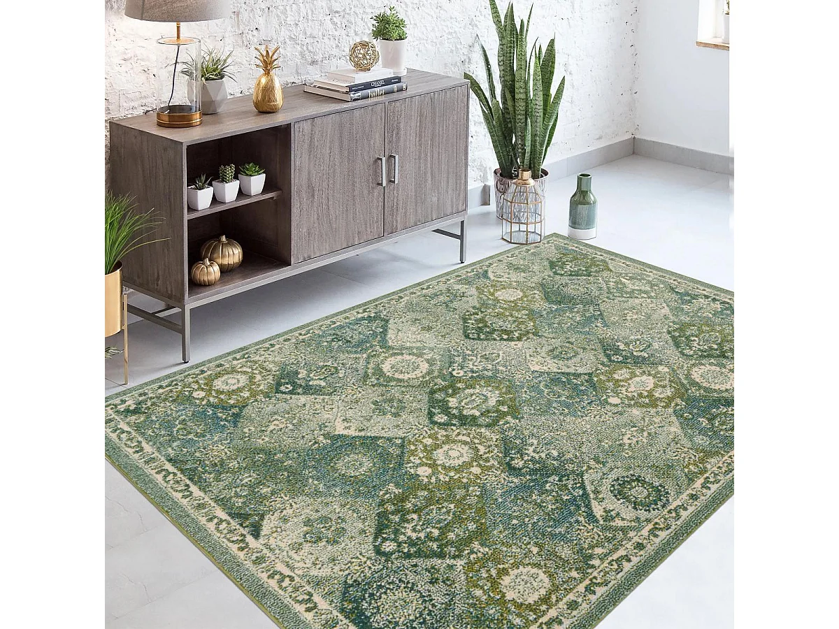 Alfombra Orient 200x290 rectángulo verde y blanco tejido patrón tradicional OLNA