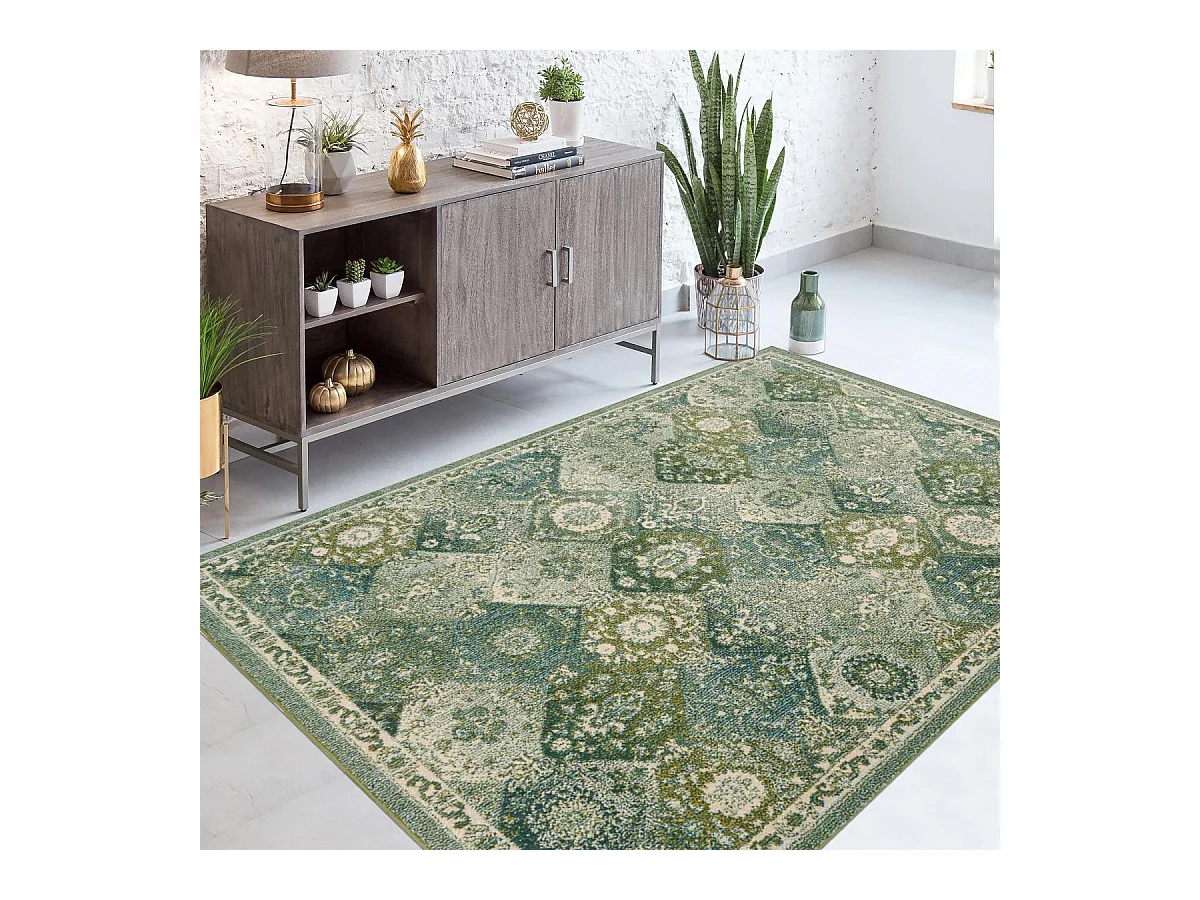 Tapis orient 120x170 rectangle vert et blanc tissé motif traditionnel OLNA
