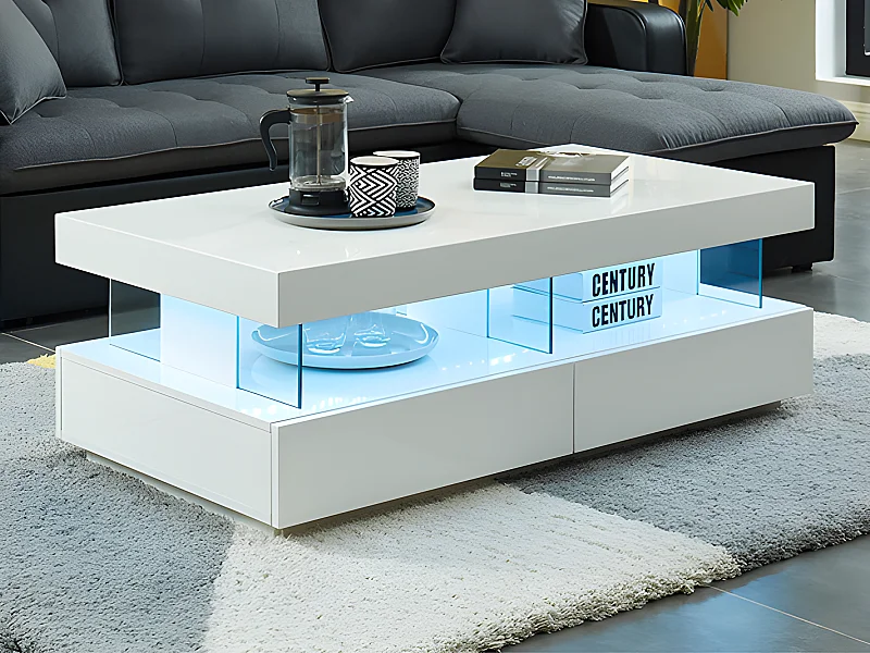 Couchtisch mit 2 Schubladen & 2 Ablagen + LEDs - MDF lackiert - Weiß - FABIO