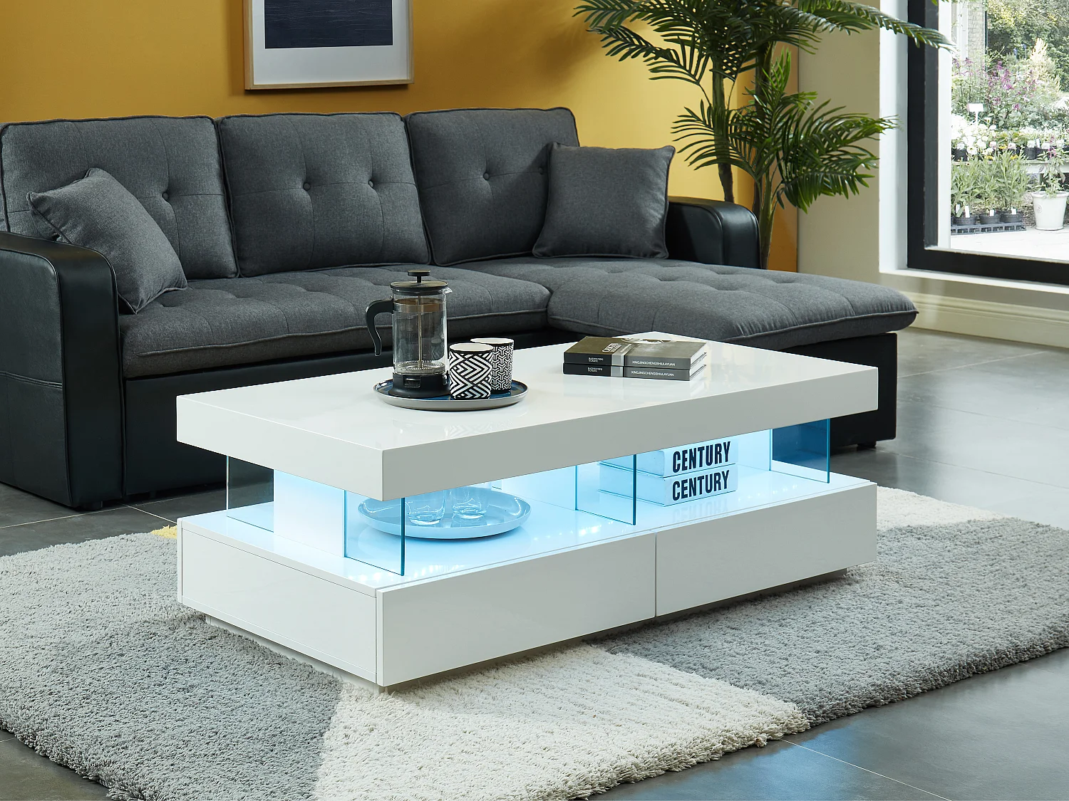 Table basse 2 tiroirs et 2 niches avec LEDs - MDF et verre trempé - Blanc laqué - FABIO II