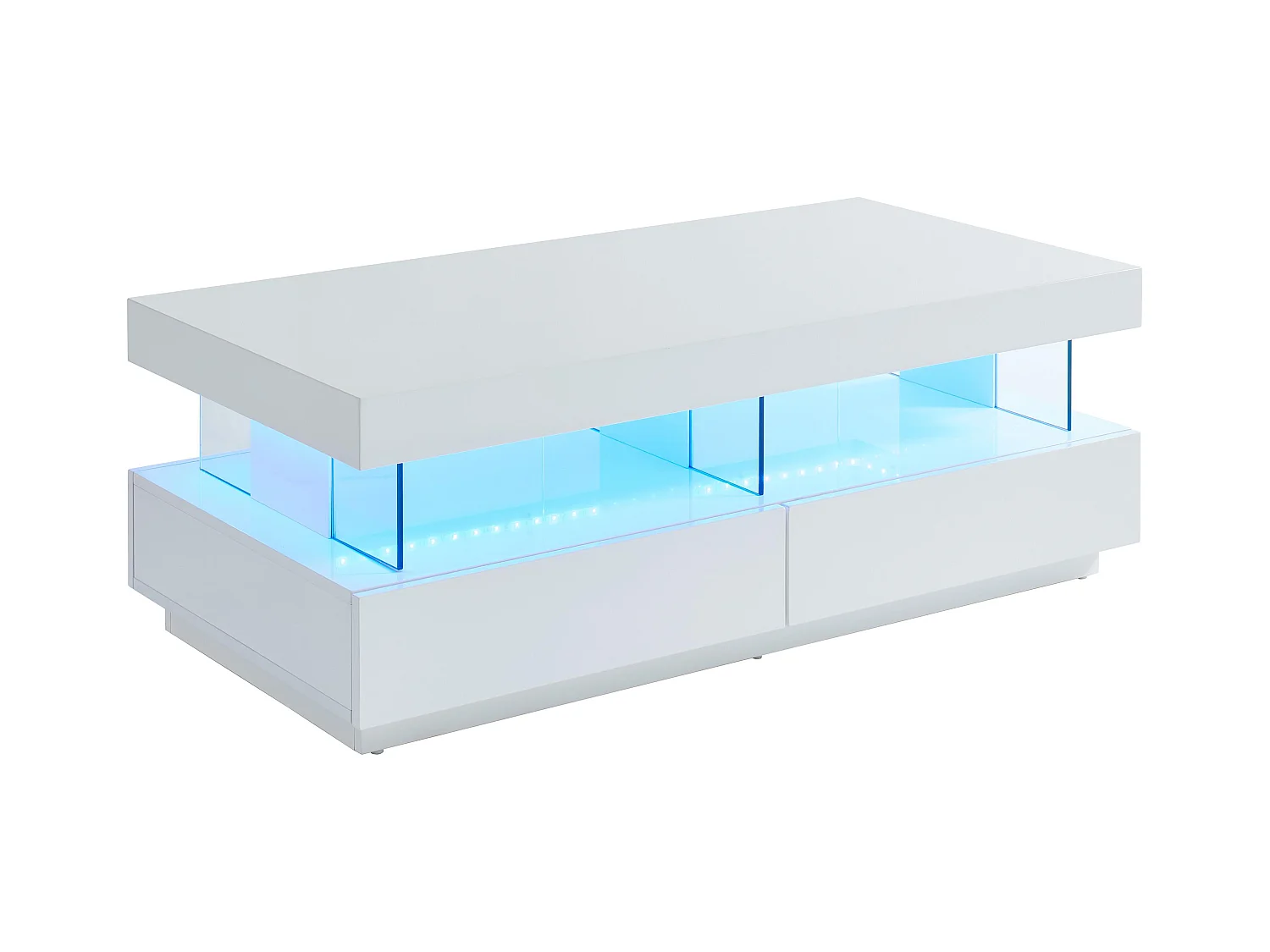Table basse 2 tiroirs et 2 niches avec LEDs - MDF et verre trempé - Blanc laqué - FABIO II
