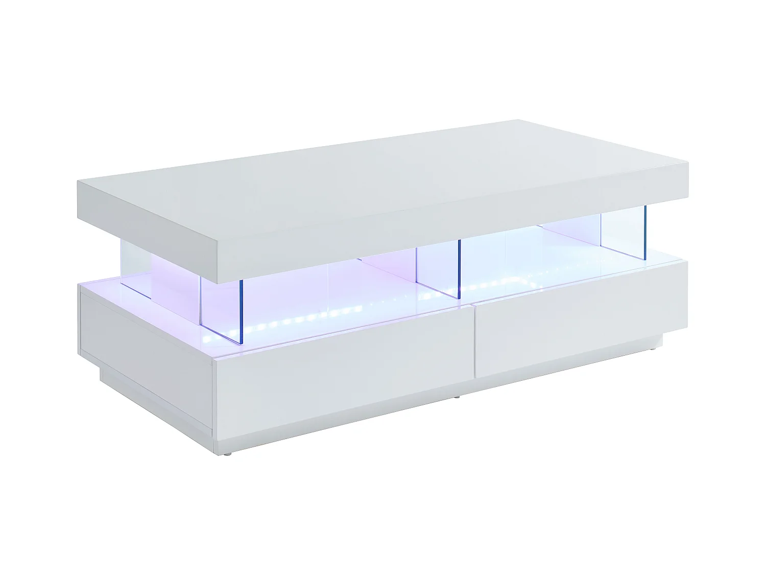 Table basse 2 tiroirs et 2 niches avec LEDs - MDF et verre trempé - Blanc laqué - FABIO II