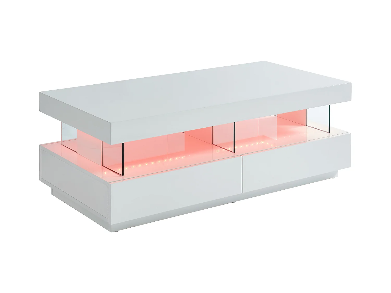 Table basse 2 tiroirs et 2 niches avec LEDs - MDF et verre trempé - Blanc laqué - FABIO II