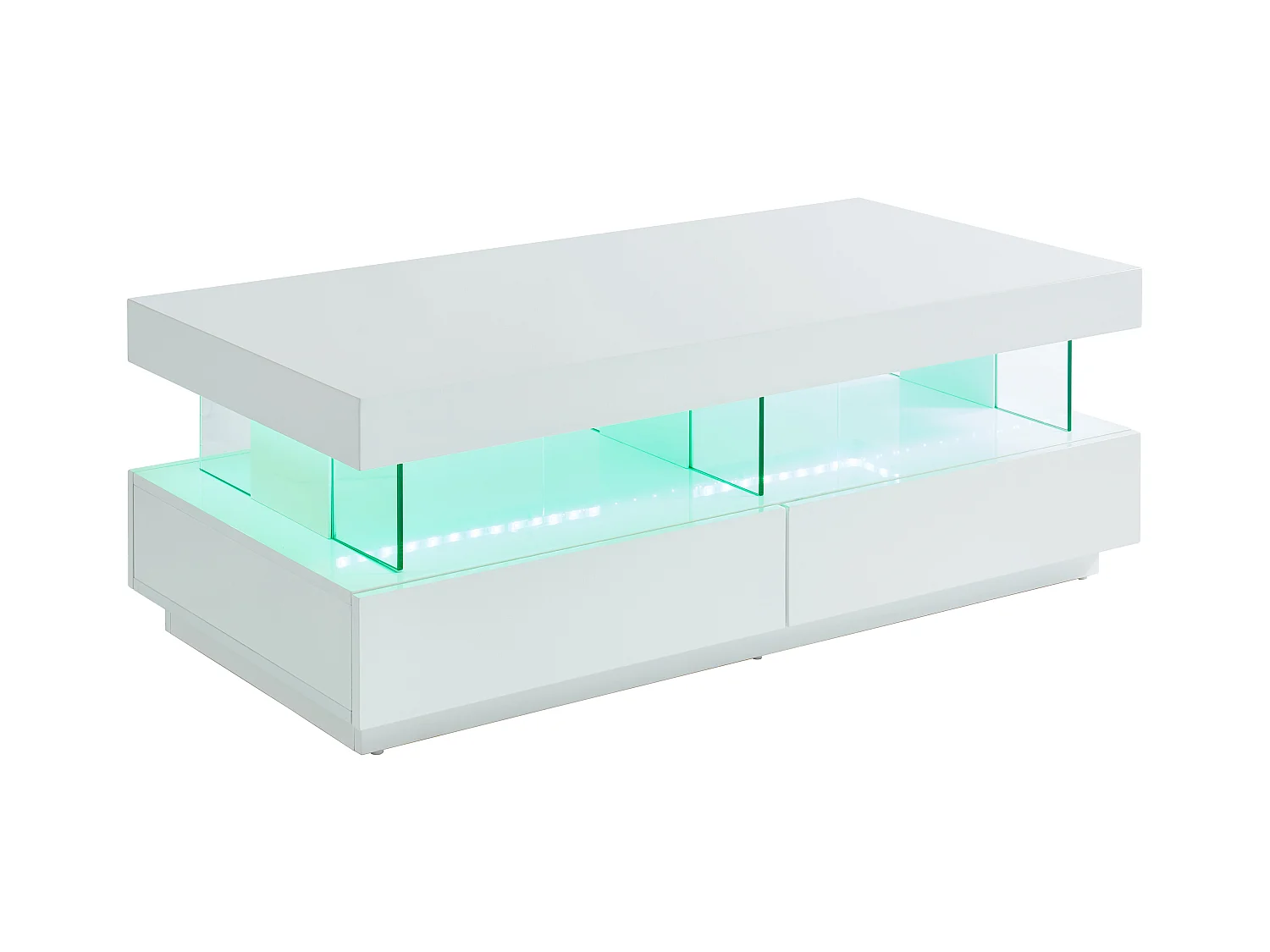 Table basse 2 tiroirs et 2 niches avec LEDs - MDF et verre trempé - Blanc laqué - FABIO II