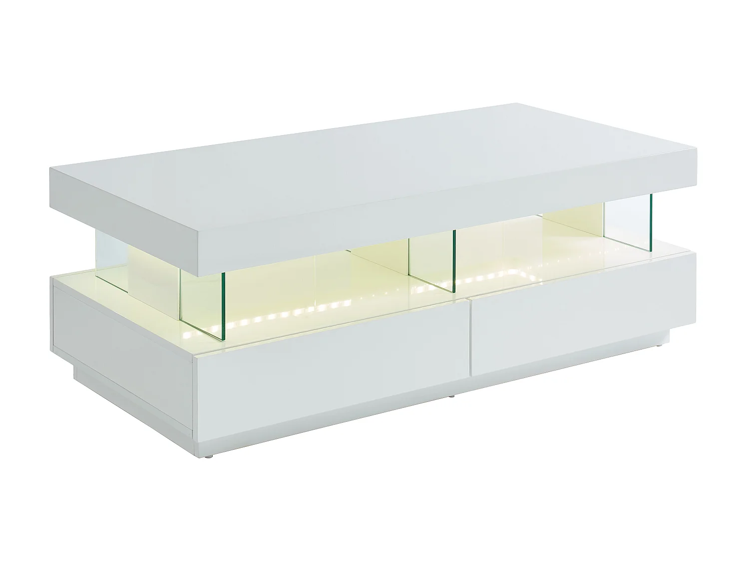 Table basse 2 tiroirs et 2 niches avec LEDs - MDF et verre trempé - Blanc laqué - FABIO II