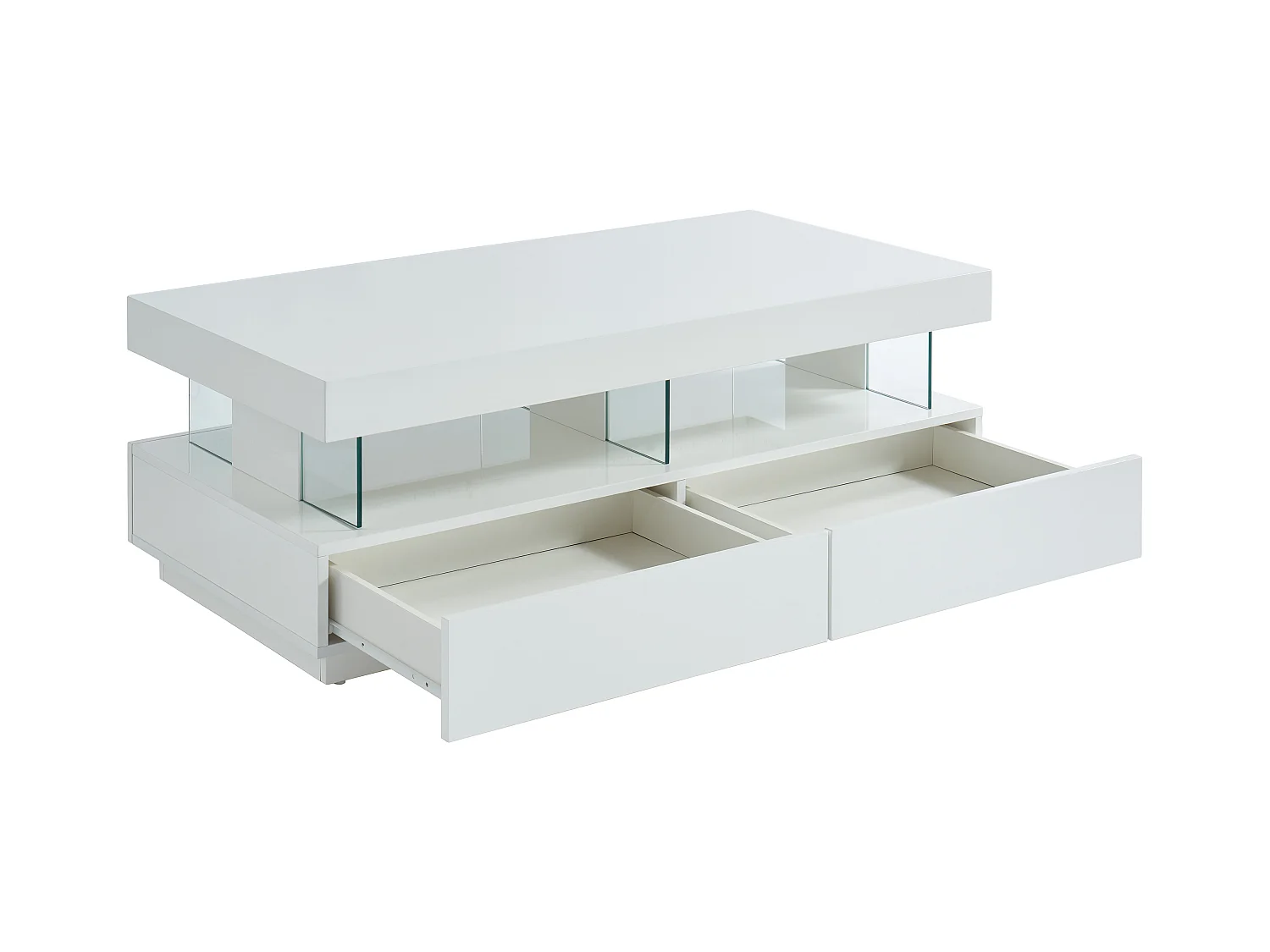 Table basse 2 tiroirs et 2 niches avec LEDs - MDF et verre trempé - Blanc laqué - FABIO II