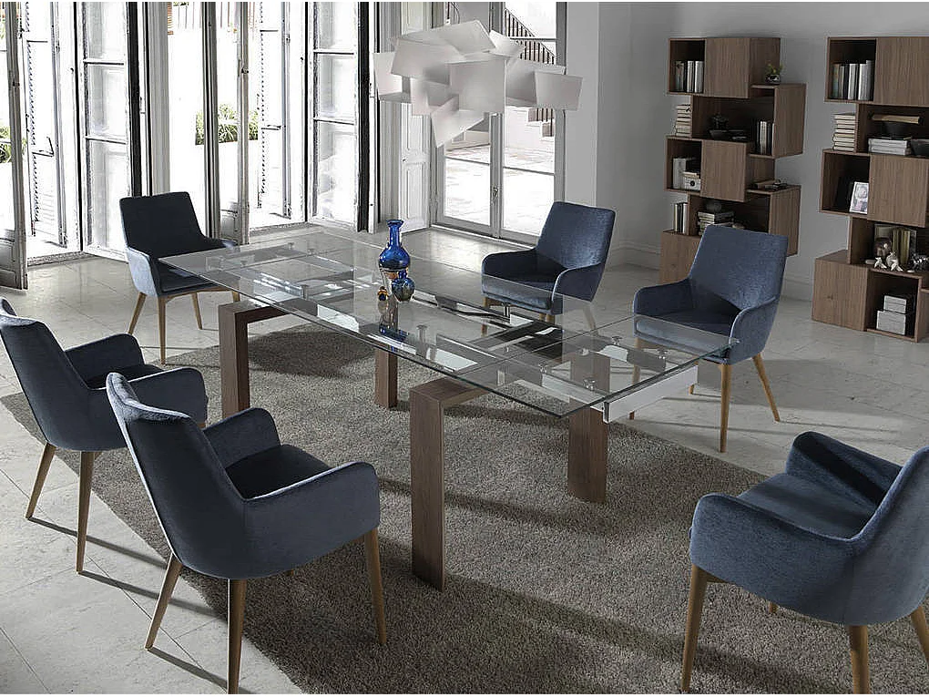 Table à manger à rallonge rectangulaire verre trempé et noyer 1007 ANGEL CERDA