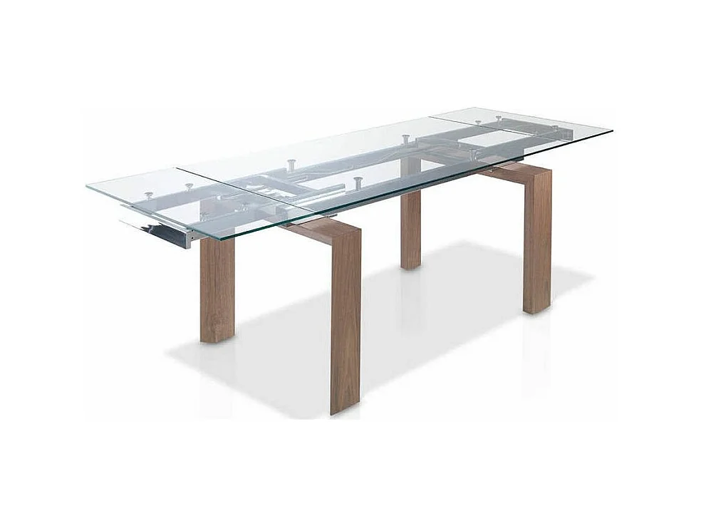Table rectangulaire extensible 160-240cm verre trempé et pieds bois noyer Roka