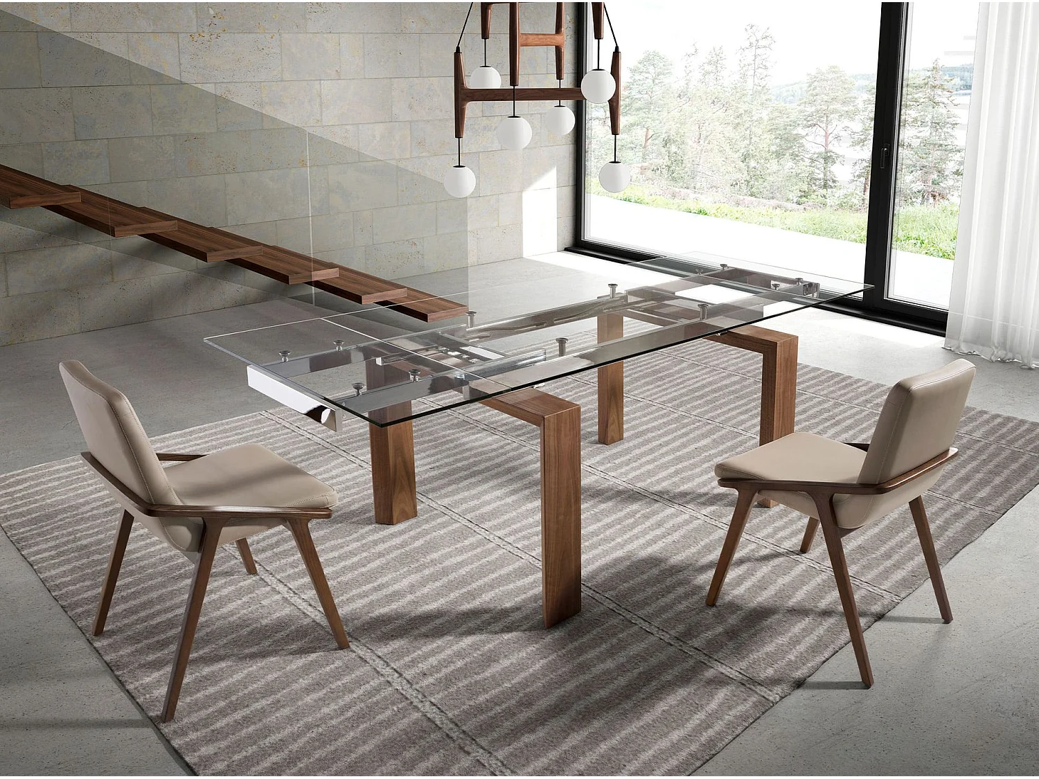 Table à manger à rallonge rectangulaire verre trempé et noyer 1007 ANGEL CERDA