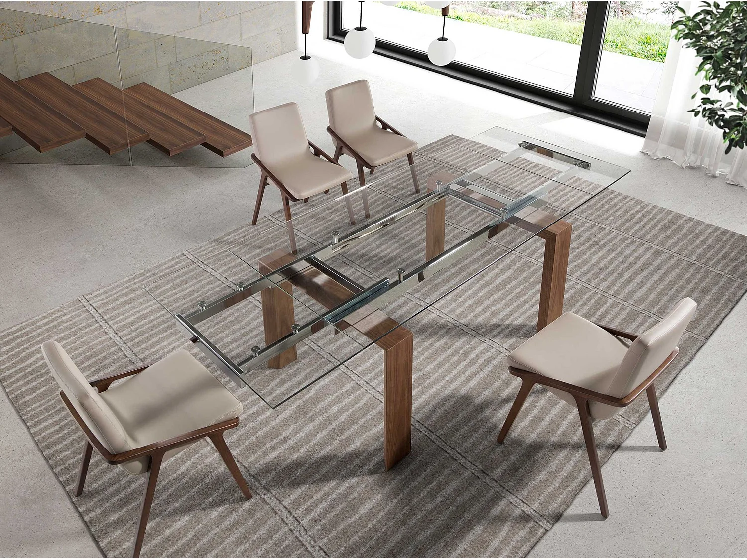 Ausziehbarer Esstisch Rechteckig gehärtetes Glas aus Walnuss 1007 ANGEL CERDA