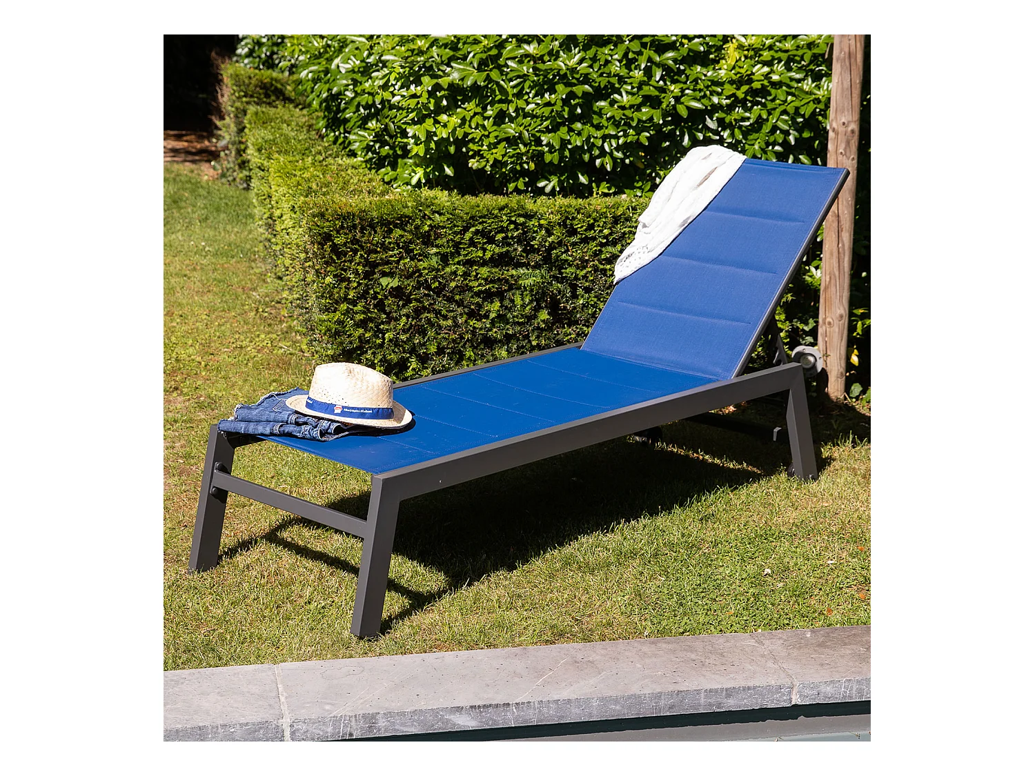 Bain de soleil BARBADOS en textilène bleu foncé - aluminium anthracite - HAPPY GARDEN