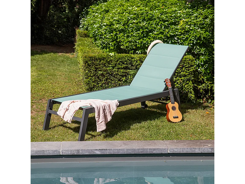 Bain de soleil BARBADOS en textilène vert d'eau - aluminium anthracite - HAPPY GARDEN