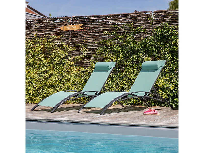 Lot de 2 transats GALAPAGOS en textilène vert d'eau - aluminium gris anthracite - HAPPY GARDEN