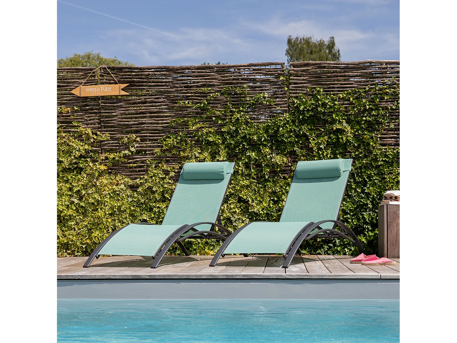Lot de 2 transats GALAPAGOS en textilène vert d'eau - aluminium gris anthracite - HAPPY GARDEN