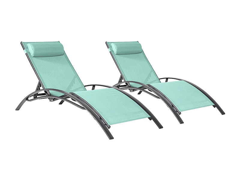 Lot de 2 transats GALAPAGOS en textilène vert d'eau - aluminium gris anthracite - HAPPY GARDEN