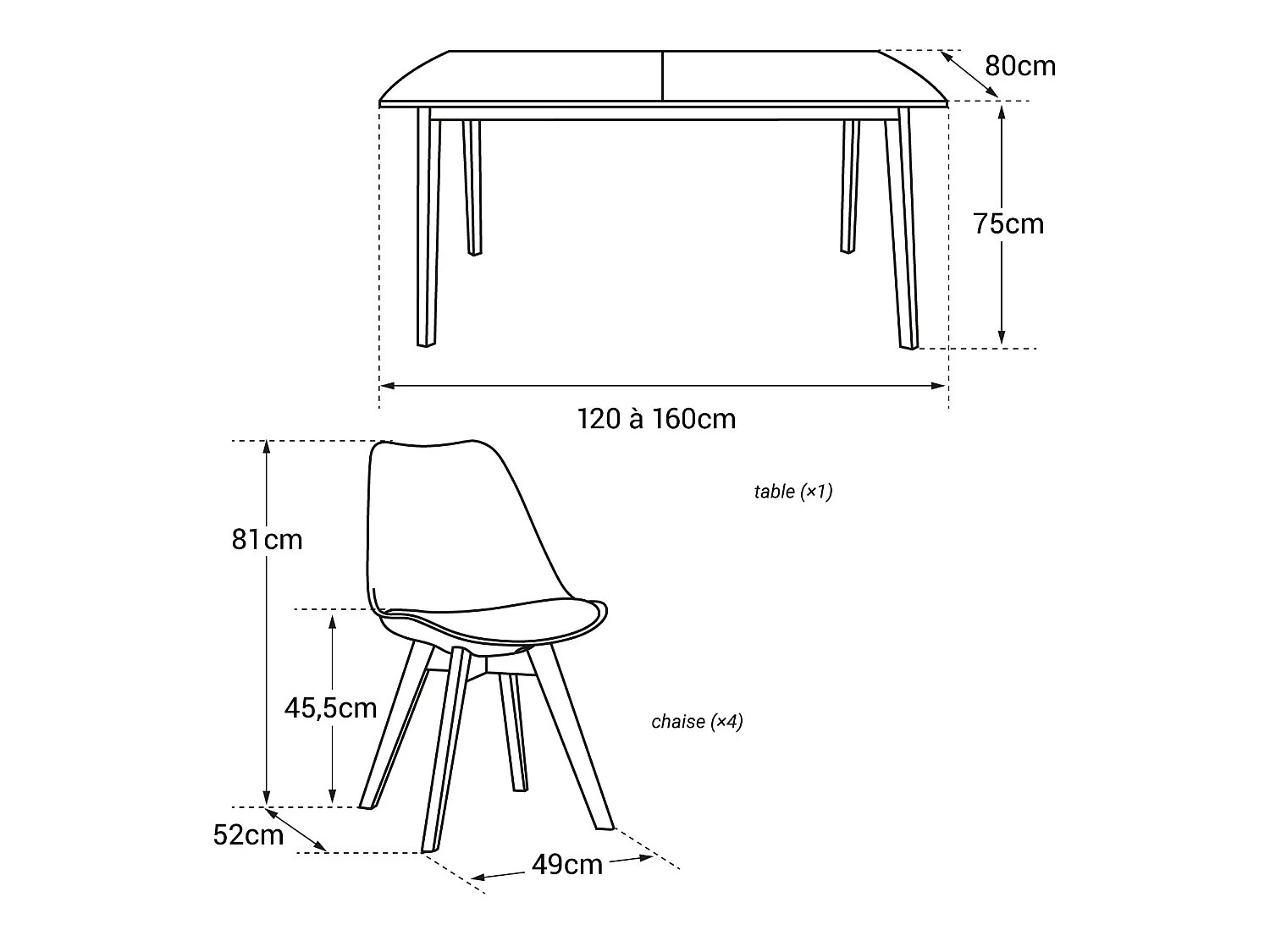 Conjunto de mesa extensible HELGA 120 / 160cm y 4 sillas NORA