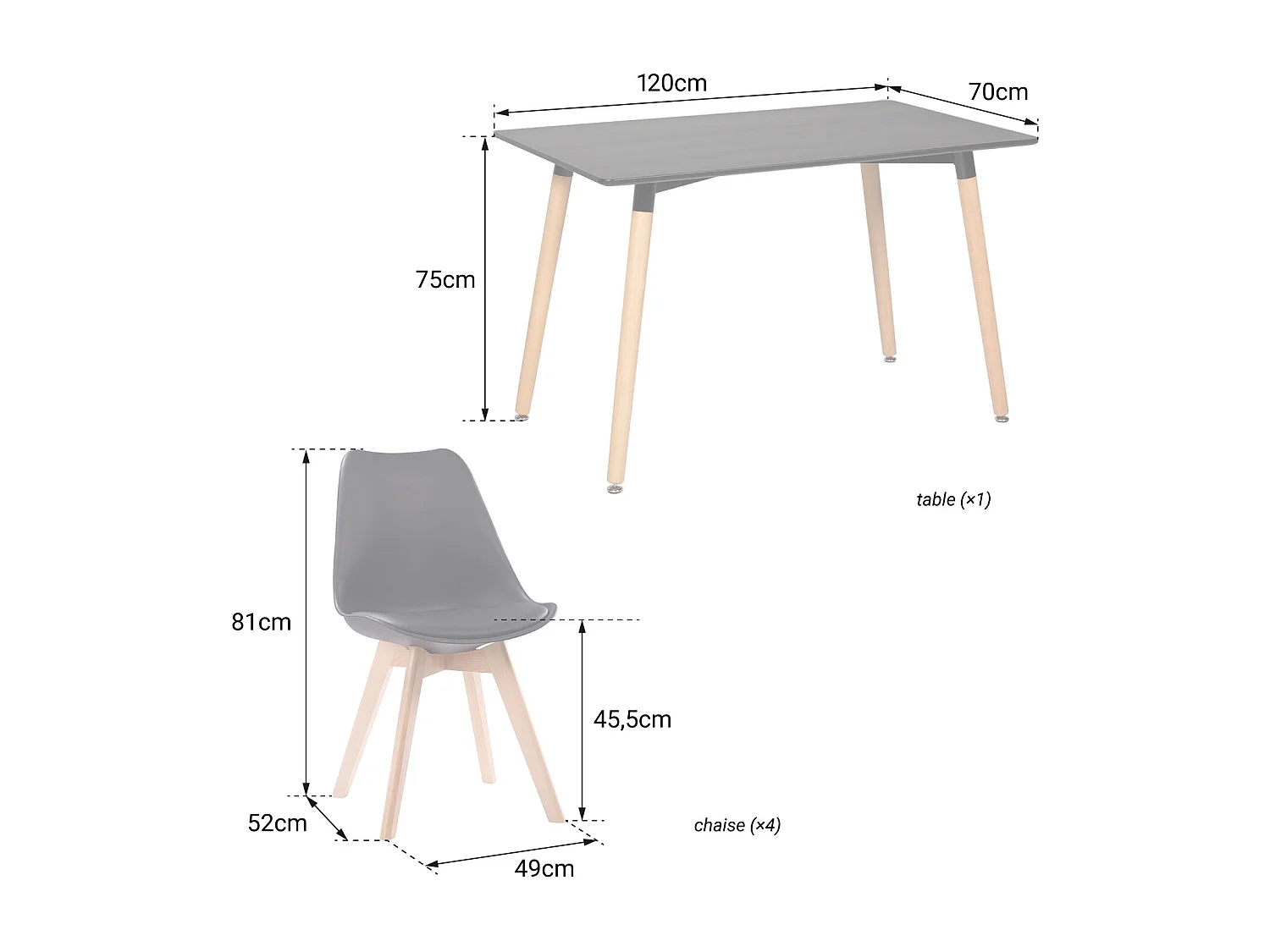 Conjunto de mesa rectangular PIA de 120cm y 4 sillas NORA negras