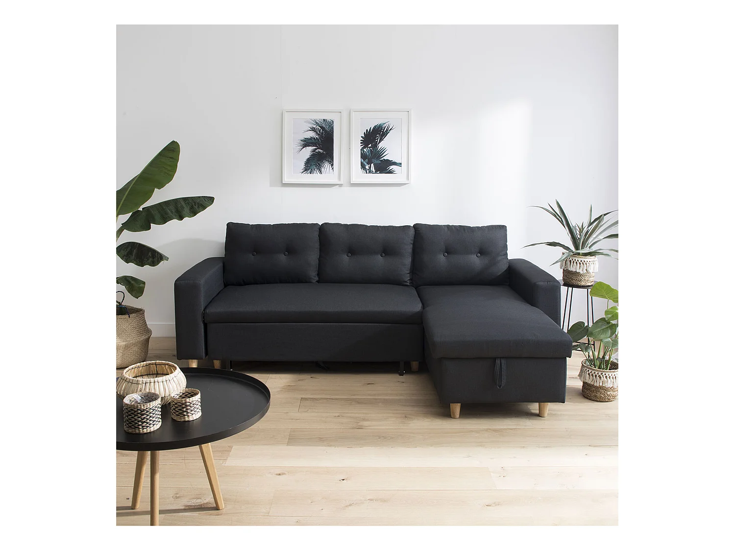 Canapé d'angle convertible WADE 3 places gris anthracite - HAPPY GARDEN
