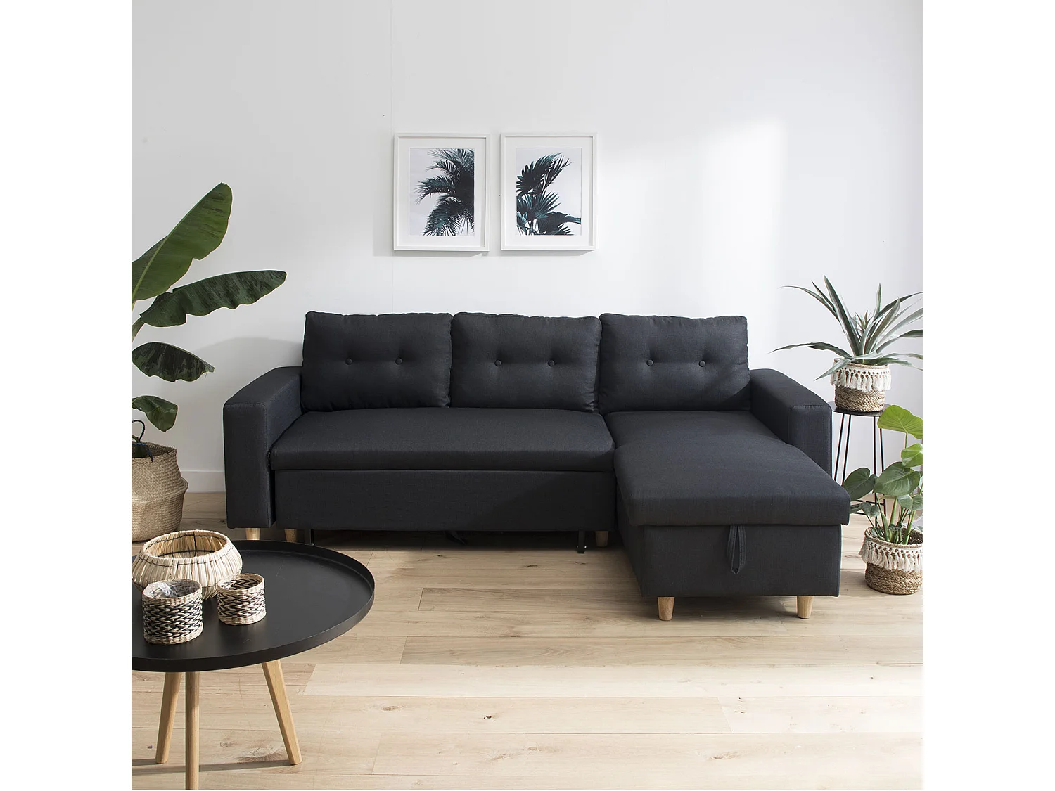 Canapé d'angle convertible WADE 3 places gris anthracite - HAPPY GARDEN