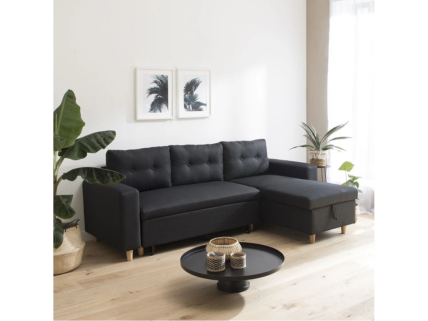 Canapé d'angle convertible WADE 3 places gris anthracite - HAPPY GARDEN