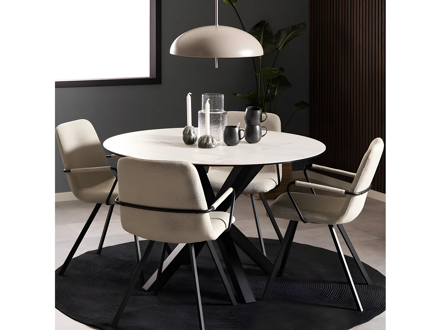 Eurame - Table à manger 4 personnes ronde en céramique et métal - Blanc