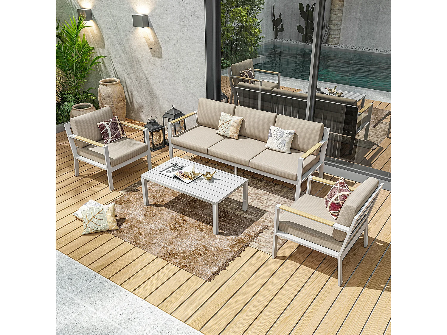 Salon de jardin design en aluminium 5 Places - blanc beige - MABILLON