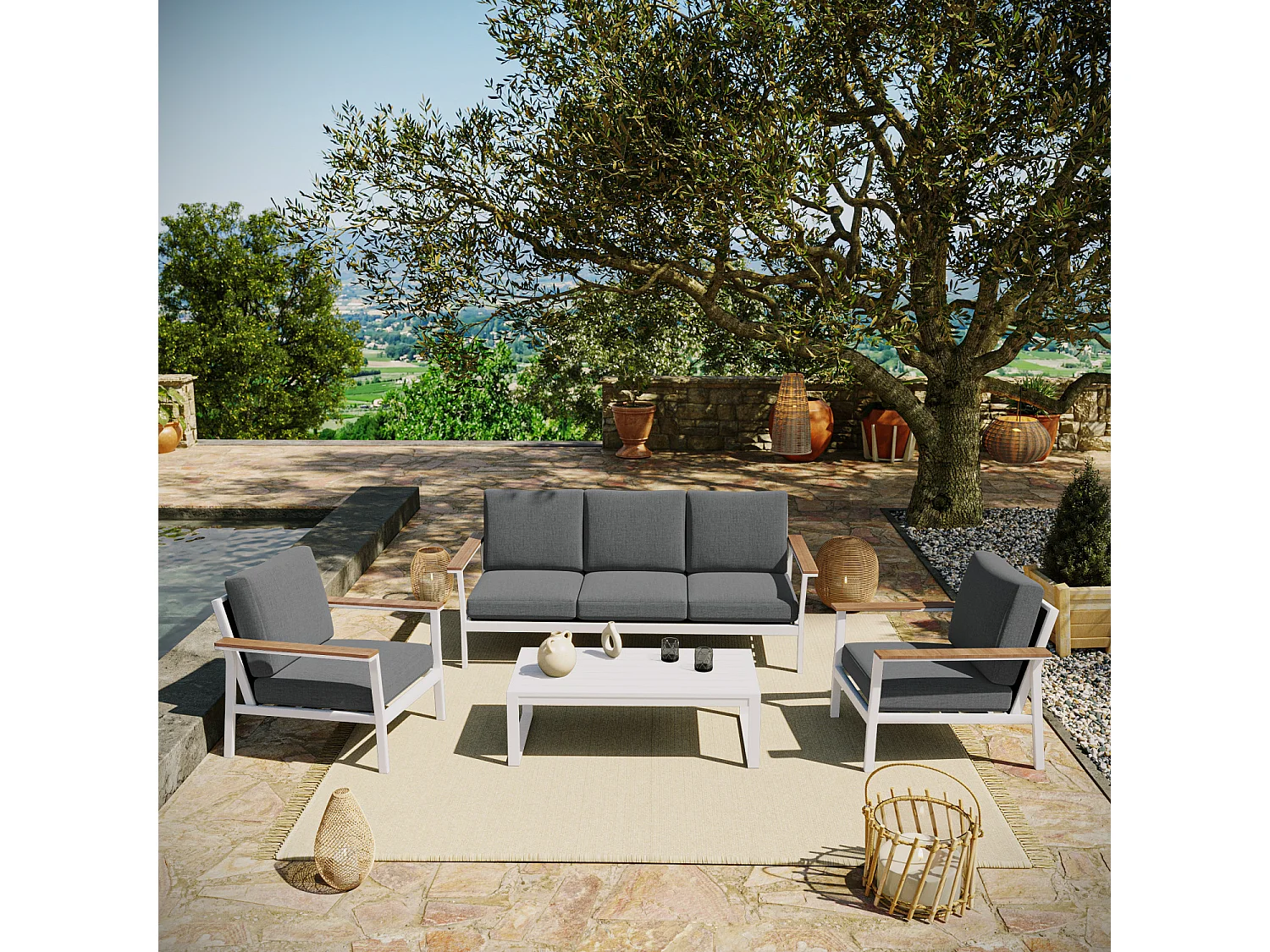 Salon de jardin en aluminium 5 places- blanc gris - extérieur - SOLEA