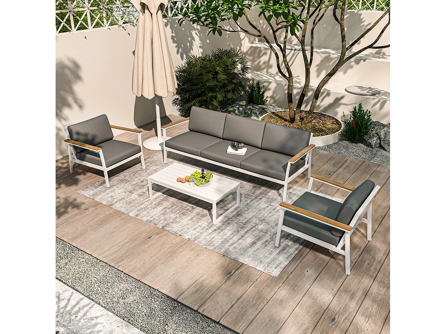 Salon de jardin en aluminium 5 places- blanc gris - extérieur - SOLEA