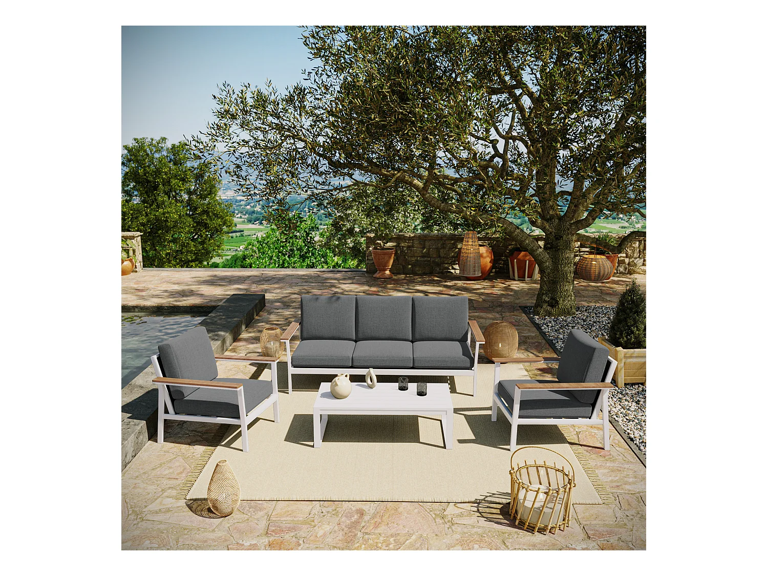 Salon de jardin en aluminium 5 places- blanc gris - extérieur - SOLEA