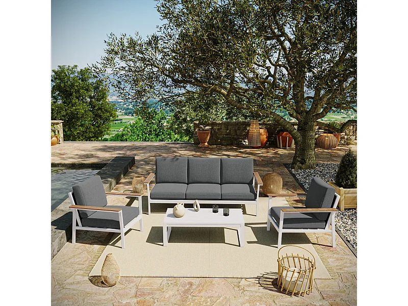 Salon de jardin en aluminium 5 places- blanc gris - extérieur - SOLEA