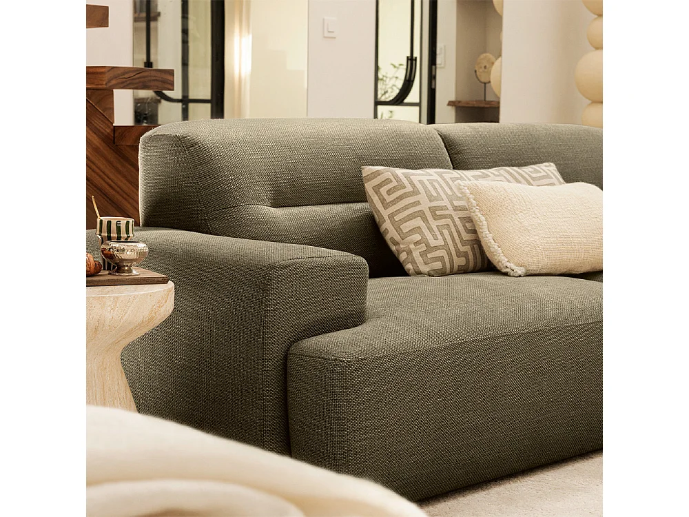 Stune - Canapé droit 4 places en tissu à accoudoirs larges - Vert kaki