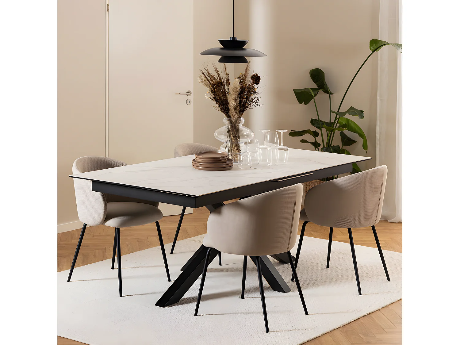 Eurame - Table à manger extensible 6 à 12 personnes en céramique et métal 200-240x100cm - Blanc