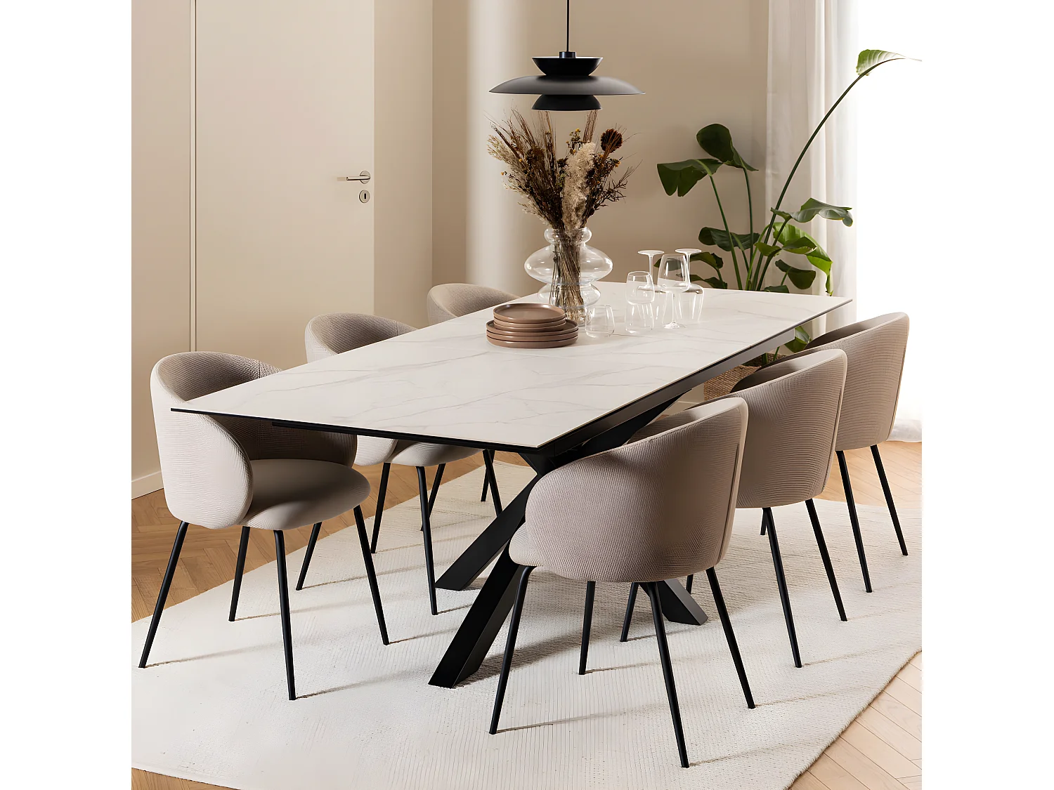 Eurame - Table à manger extensible 6 à 12 personnes en céramique et métal 200-240x100cm - Blanc