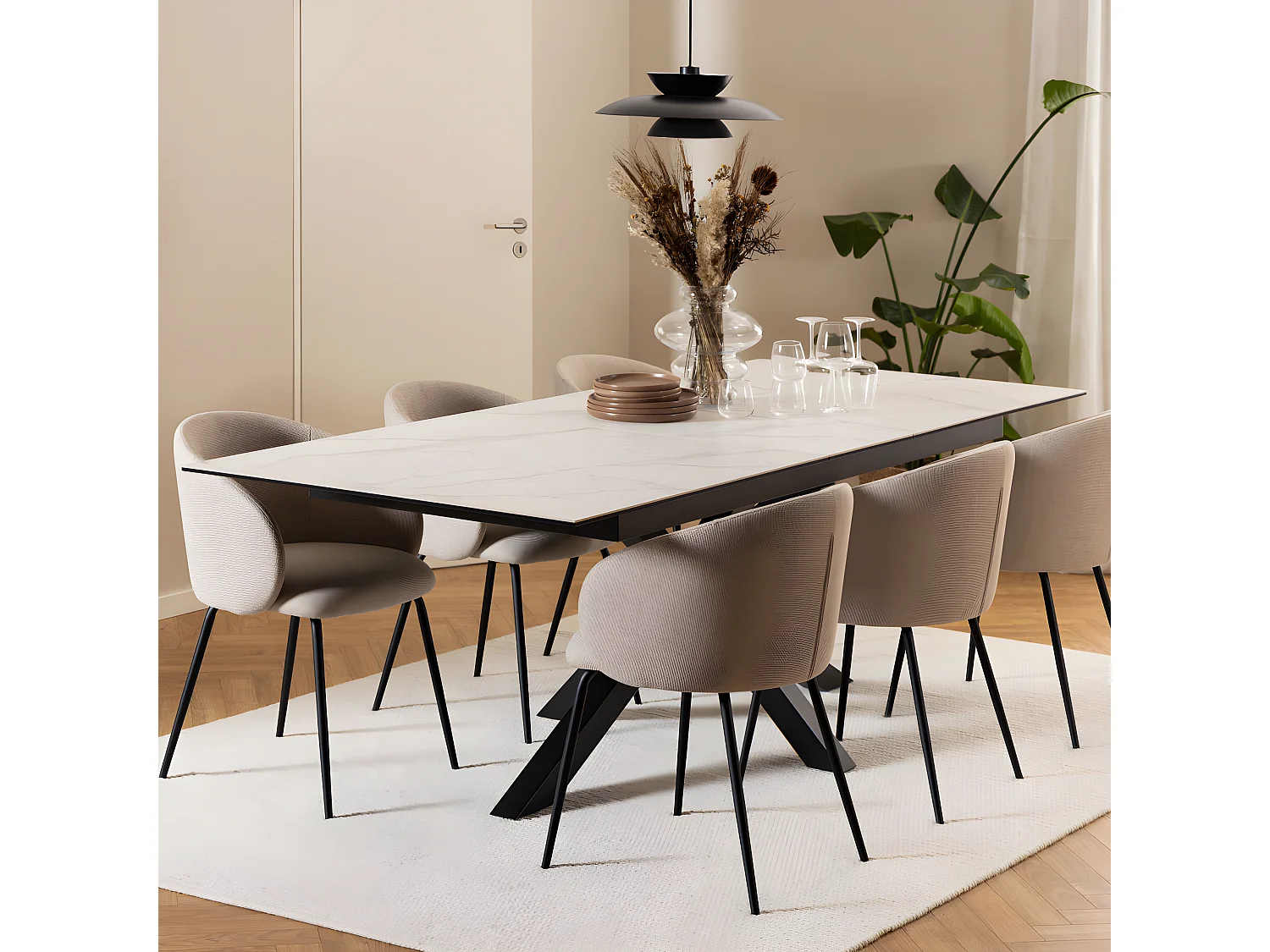 Eurame - Table à manger extensible 6 à 12 personnes en céramique et métal 200-240x100cm - Blanc