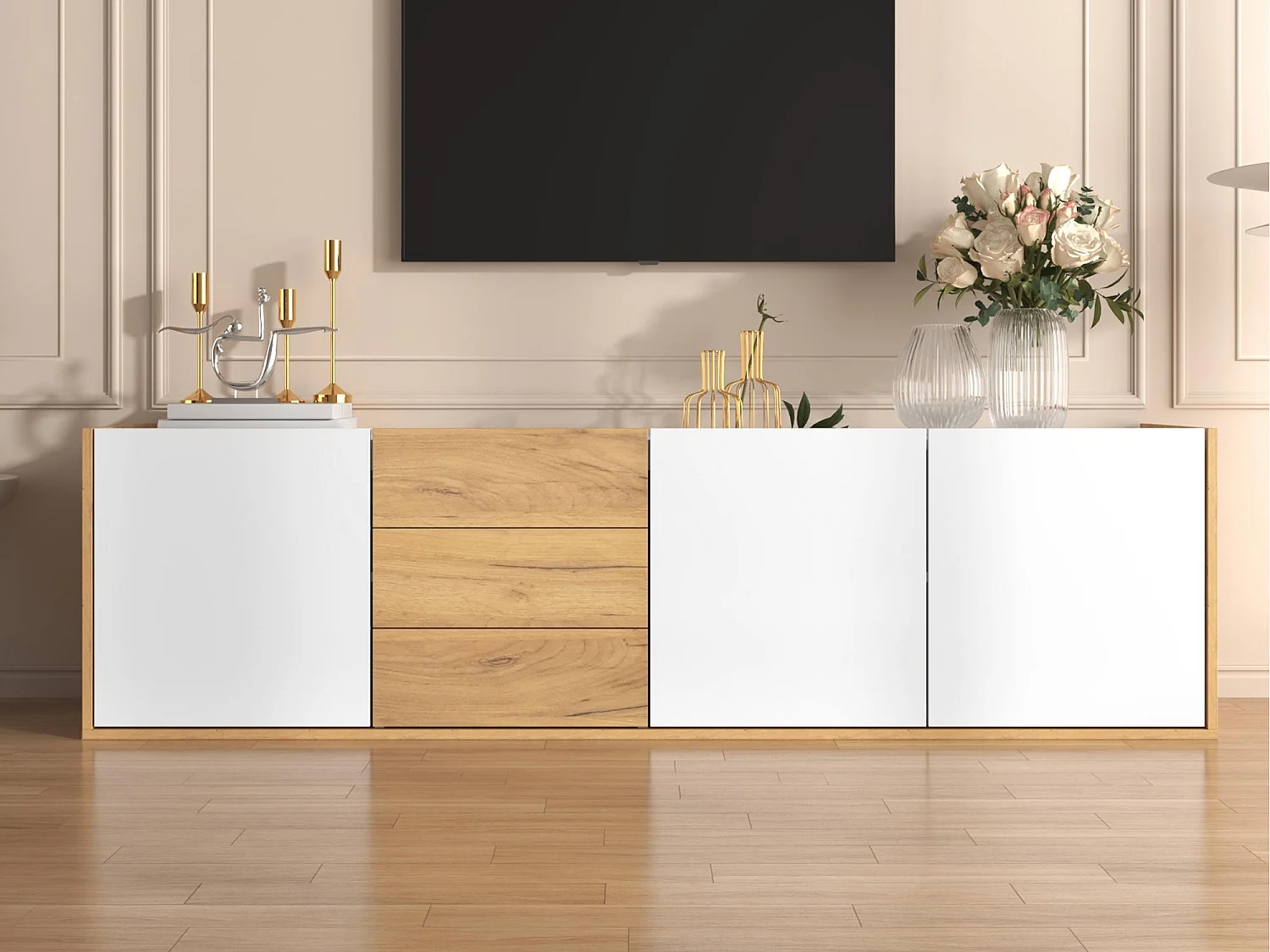 Meuble TV - peut être accroché au mur ou placé au sol - Panneaux de particules - Blanc & Naturel