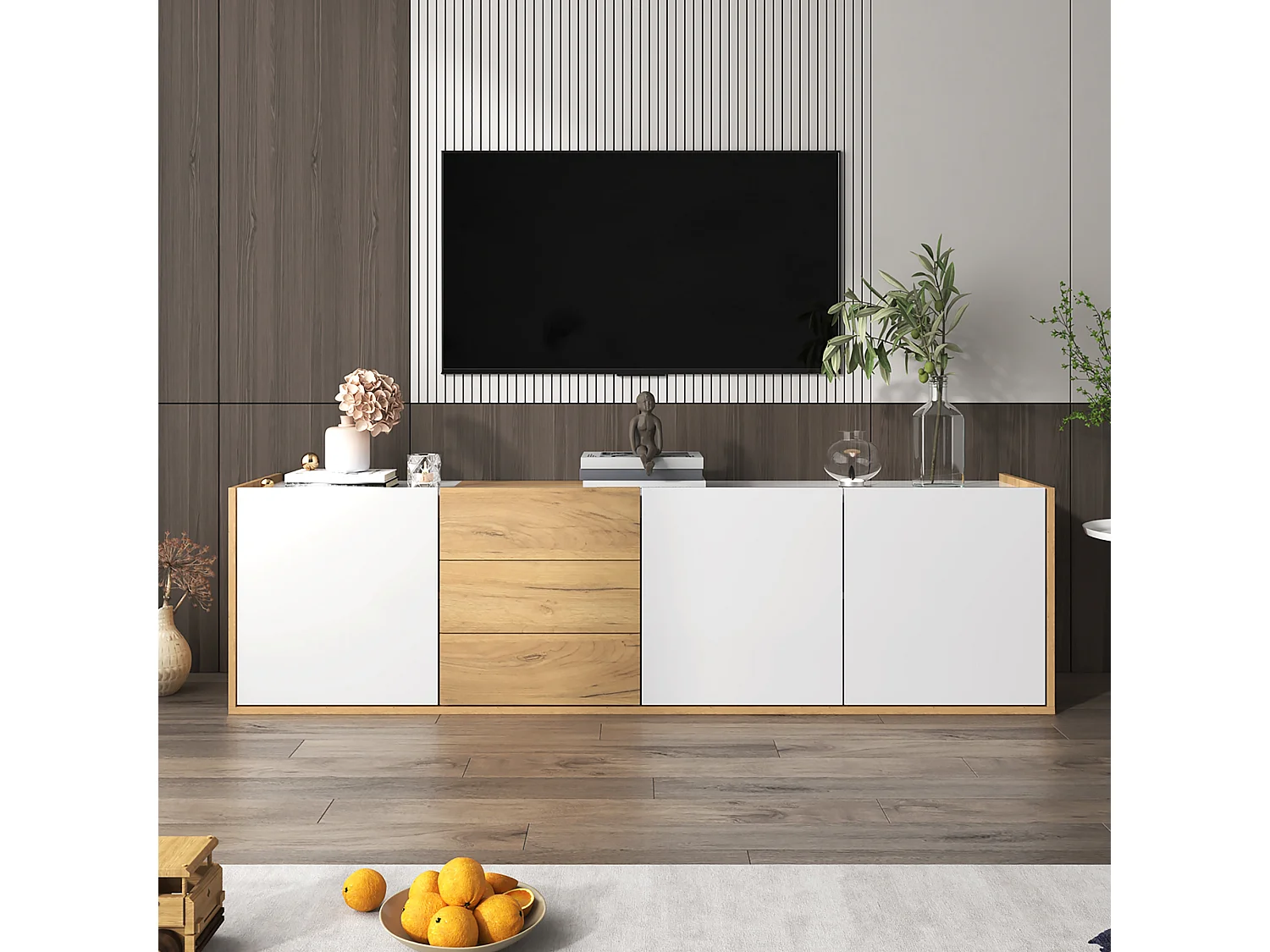 Meuble TV - peut être accroché au mur ou placé au sol - Panneaux de particules - Blanc & Naturel