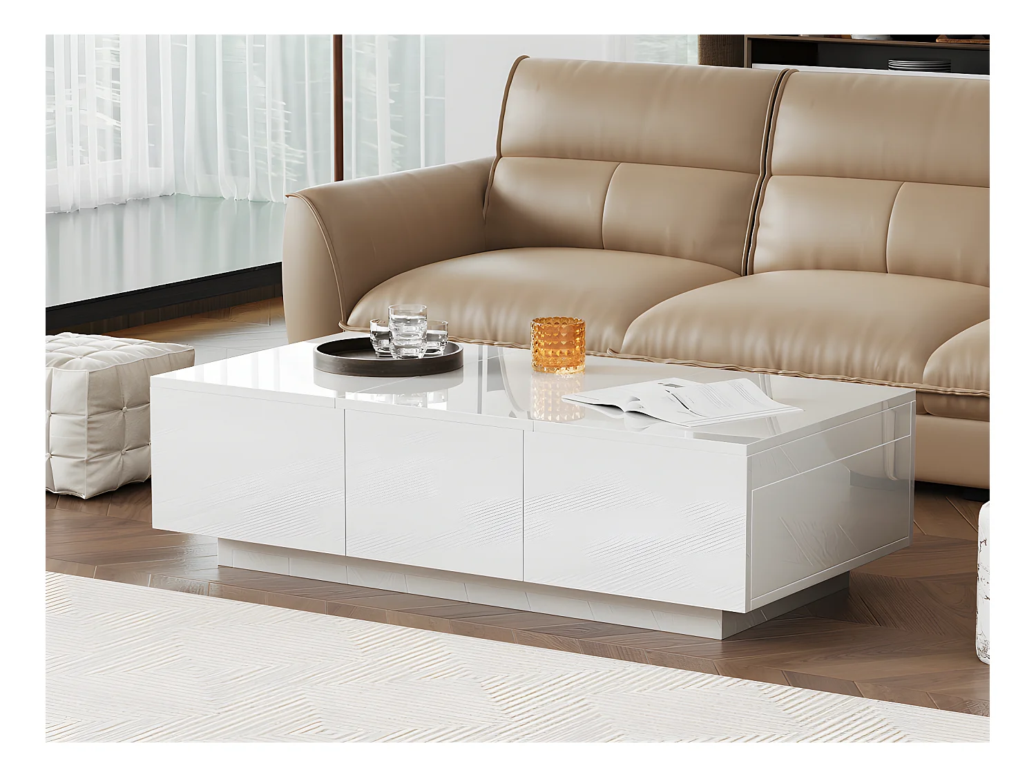 Table basse - 2 tiroirs et 2 coffres  - en panneaux de particules - Blanc