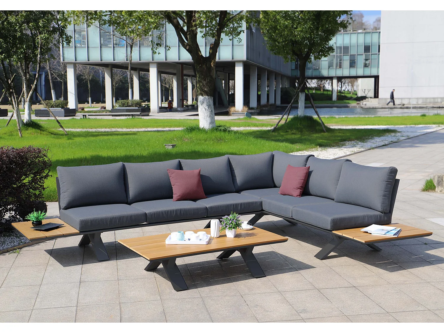 Set salotto giardino esterno salottino componibile MCW-M62 alluminio polietilene antracite cuscini grigio scuro