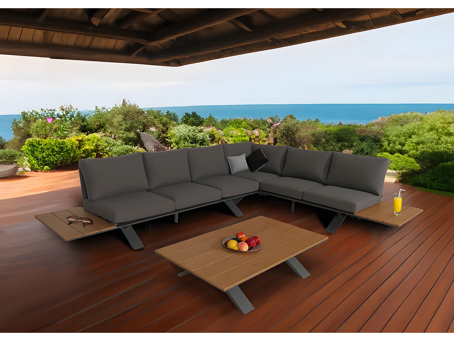 Set salotto giardino esterno salottino componibile MCW-M62 alluminio polietilene antracite cuscini grigio scuro