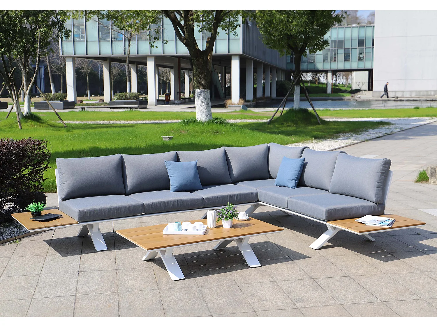 Garten-Garnitur MCW-M62, Gestell weiß, Polster hellgrau