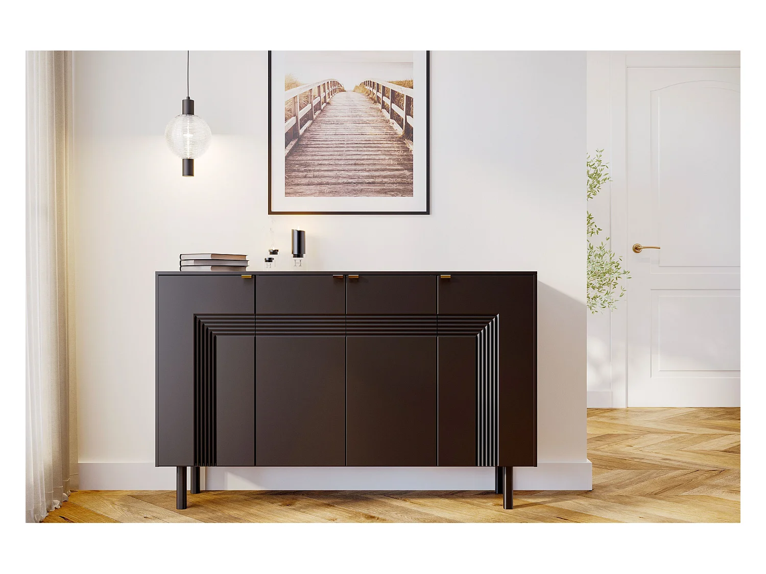 Sideboard Yoko, schwarz, mit dekorativen fronten und goldgriffen